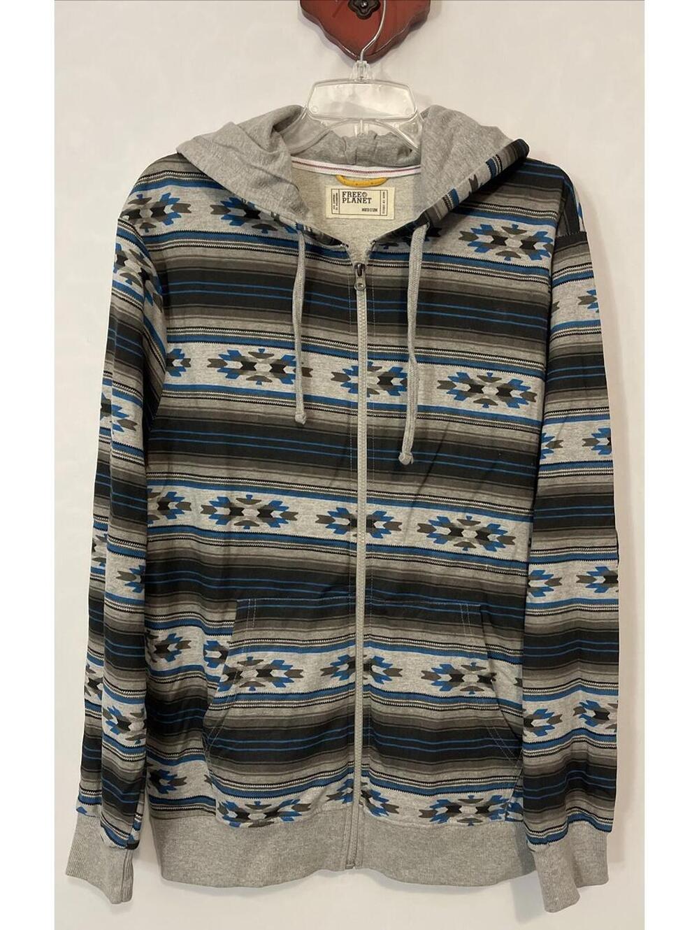 Free Planet Medium Gray Aztec Print Zip-Up Cotton-Blend Hooded Sweater! A2727